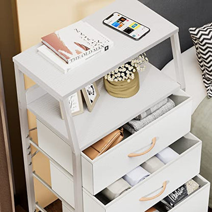 Furnulem White Dresser with 5 Drawers, Vertical Storage Tower Fabric Dresser for Bedroom, Hallway, Entryway, Nursery, Closet Organizer, Nightstand Bedside Table Furniture, Sturdy Steel Frame, Wood Top - color: White, style: 5 Drawers