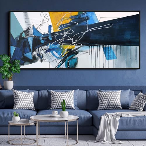 KLAKLA Wall Art for Living Room - Blue Abstract Canvas Pictures Framed Artwork for walls Extra Large Prints for Bedroom Above the Bed Decor 70x31 Inches - color: Blue abstract - 1, size: 70x31