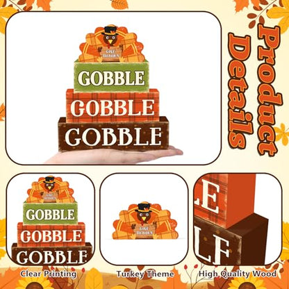 4 Pcs Fall Decorations for Home Thanksgiving Turkey Tiered Tray Decor, Fall Table Decor Farmhouse Rustic Wooden Turkey Block Sign Autumn Harvest Tabletop Centerpieces for Home Kitchen Indoor - style: Gobble Turkey