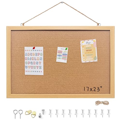Cork Bulletin Board, 17x23 Inches Hanging Cork Board Wooden Framed with Pins for Wall, Dorm Room, Office, Home Decor – Natural Cork & Black Frame - color: Crude, size: 17" x 23"