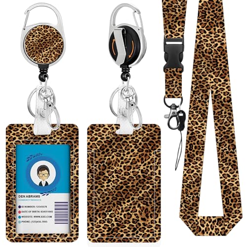 Leopard Badge Holder with Lanyard, Funny ID Badge Holder with Retractable Reel Clip and Keychain for Leopard Lovers, Vertical Identity Card Cover Case Protector for Nurse Teacher - color: Leopard-brown