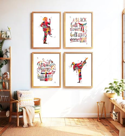Inspirational Watercolor Karate Girl Athlete with Empowering Motivational Quote Art Print Set for Girl's Bedroom Empowerment, Playroom Energy Boost, Locker Team Spirit, Young Karateka Surprises, Aspiring Black Belt Tokens, Team Captain Honors, Coach Gifts