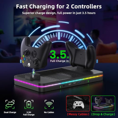 Charging Stand with Cooling Fan, CODOGOY Vertical Stand Compatible with Xbox Series X/S Console&Controller, Dual Controller Charger Station Dock with 3 USB Ports,2*1100 mAh Rechargeable Battery Packs - color: Jet Black