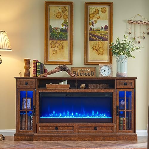 RedLemon Farmhouse Fireplace TV Stand for 80 Inch TV, 36" Tall Entertainment Center with 42" Crystal Eletric Fireplace, Modern Media Console Table with LED Lights for Living Room, Reclaimed Barnwood - color: Reclaimed Barnwood