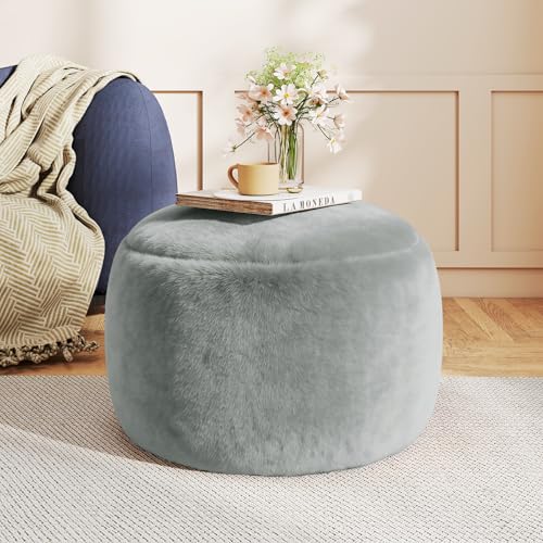Round Stuffed Pouf Ottoman Foot Rest, Faux Fur Poufs with Memory Foam Filling, Ottomans for Living Room, Nursery, Dorm, Soft Foot Stool Ottoman for Couch, Perfect for Resting Your Feet (Grey, 20 Inch) - color: Grey, size: 20.1"D x 20.1"W x 15"H