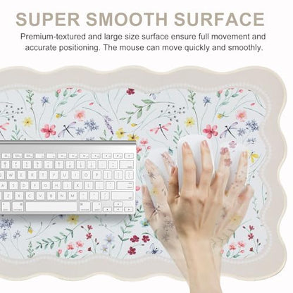 L-SPOUTTO Floral Mouse Pad,Botanical Desk Mat XXL Large Scalloped Gaming Mousepad,35.4x15.7in Non-Slip Keyboard Pad Waterproof Desktop Mat for Laptop Computer Work Game Home Office-Wild Flowers - color: Seamless Wild Flowers