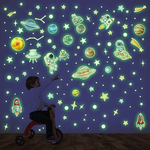 Glow in The Dark Stars and Planets Wall Decals 155 PCS Glowing Ceiling Stickers with Astronauts Rockets Alien & UFO Space Wall Decor for Teens Room Nursery Bedroom Ceiling Decor - color: Glow in the Dark