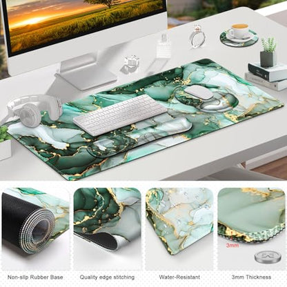 Gaming Mouse Pad, Large Desk Mat, Cute Desk Pad Protector, 4in1 XXL Mousepad + Keyboard Wrist Rest+Mouse Wrist Rest+Coaster Set with Ergonomic Desk Pad for Home Office PC Computer, Green Marble - color: Green Marble