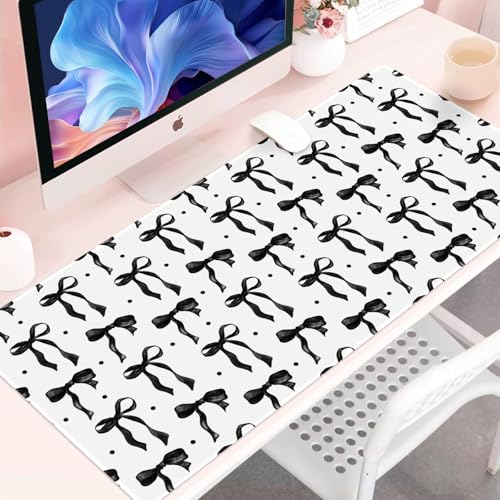 White Mouse Pad with Black Bows, Cute Desk Mat Bow Keyboard Mat for Computer Laptop Non-Slip Rubber Base, Large Office Mat Girly Desktop Décor Accessories Office Supplies for Girls Women 35.4 x 15.7in - color: Black, size: 35.4" x 15.7"