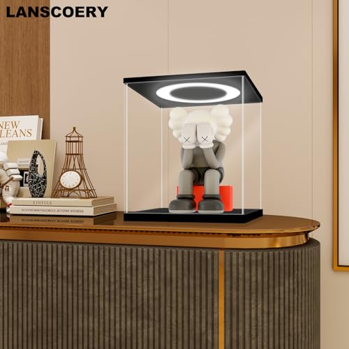 LANSCOERY Acrylic Display Case 17.7x17.7x17.7 in, 10mm Base, RGB Ring Light, 3mm Clear Panels, Front Door for Action Figures and Models - size: 17.7x17.7x17.7inch; 45x45x45cm