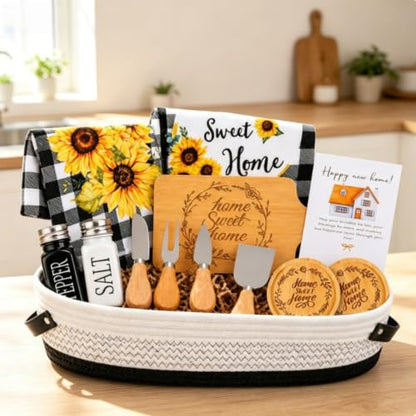 14 Pcs House Warming Gift New Home Gift Basket with Bamboo Serving Board, Dish Towels, Cheese Knife Set, Key Holder for Couples Women Men Clients, Closing Gift for Home Buyers, New Homeowner