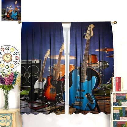 Music Themed Guitar Curtain, Rock Music Drum Kit Musical Instruments Print Window Drapes for Bedroom Living Room 42" W X 45" L(No Blackout) - color: Music-8, size: 20.5"W x 45"L (Pack of 2)
