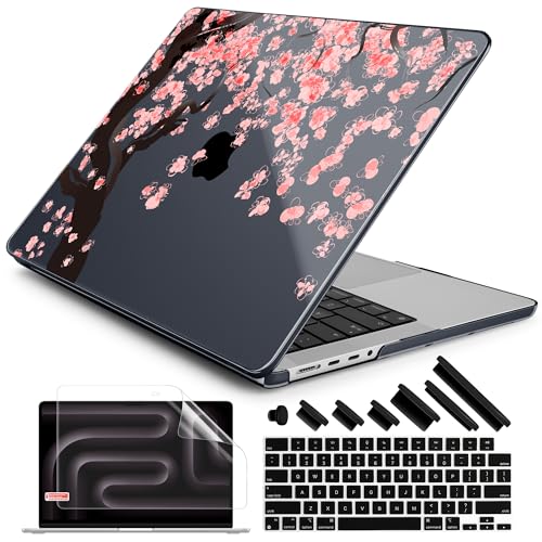 DONGKE Case for MacBook Pro 14 Inch (2026-2021 Release, M5 M4 M3 M2 M1 Pro/Max Chip), Plastic Slim Hard Shell Protective Cover with Keyboard Cover & Screen Protector, Cherry Blossoms - color: Black Cherry Blossoms