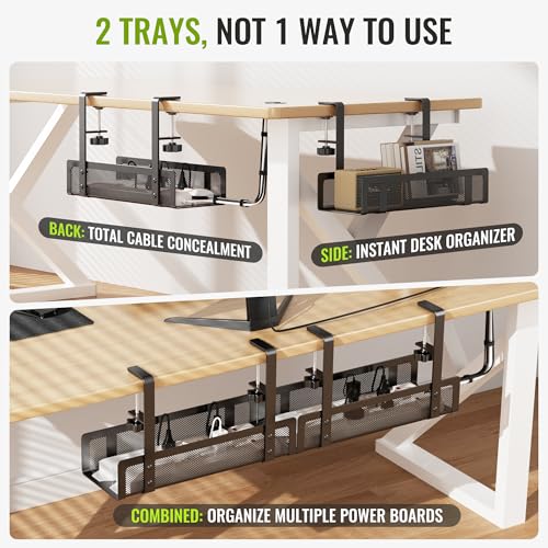 [Upgraded] 2 Pack Cable Management Under Desk Tray, Xpatee 27.6" No Drill Open Slots Cable Management Tray, Cord Wire Organizer Box with Clamp for Table Thickness up to 3" - No Desk Damage(Black) - color: Black, size: 2 Pack (Upgraded Mesh)