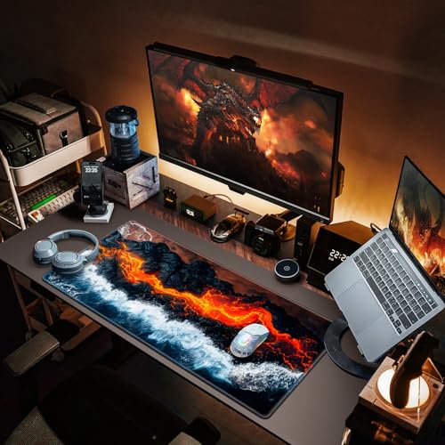 Canjoy Gaming Mouse Pad, 31.5x15.7inch Large Extended Mousepad Big Computer Desk Mat for Keyboard and Mouse Full Desk Mouse Mat with Non-Slip & Rubber Base - color: Magma and Sea