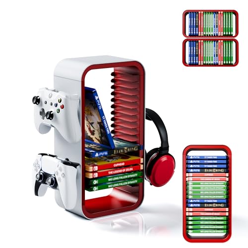 Universal Games Storage Tower Pro - for Up to 18 Games - with Controller Holder for up to 4 Gamepads - Gaming Accessories for PS5, PS4, PS3, Xbox X/S/One, Switch 1 + 2, Switch OLED, BluRay, - color: White/Red