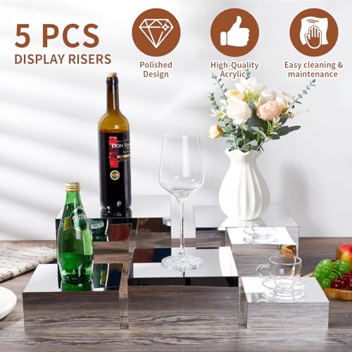 Acrylic Risers for Display 5 Pcs, Food Risers for Party Silver Display Stands Box Nesting Display for Jewelry Bag Cosmetics Catering Dessert Collectibles - color: Sliver-5pc