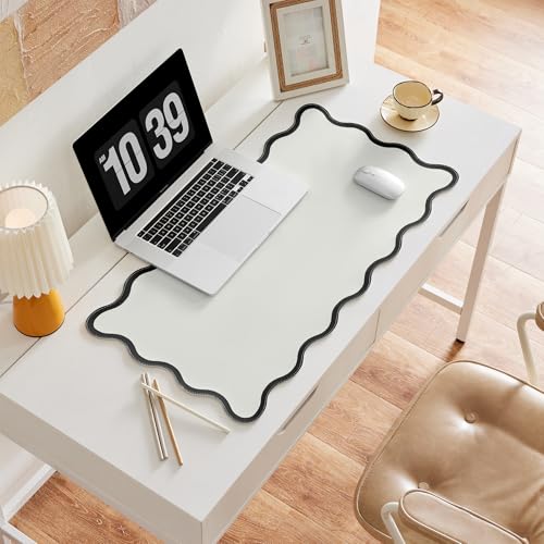 Black White Scalloped Desk Mat, 31.5" x 15.7", PU Leather, Waterproof Anti-Slip, Cute Aesthetic Desk Pad for Office/Home/Game - color: Black