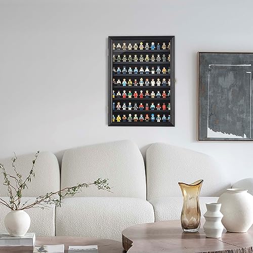 Minifigure Display Case - Building Block Toy Wall Cabinet Showcase for Small Miniature Collectibles Mini Brands Thimbles, Lockable UV Protection Door (Black Finish Frame) - size: Large - Black
