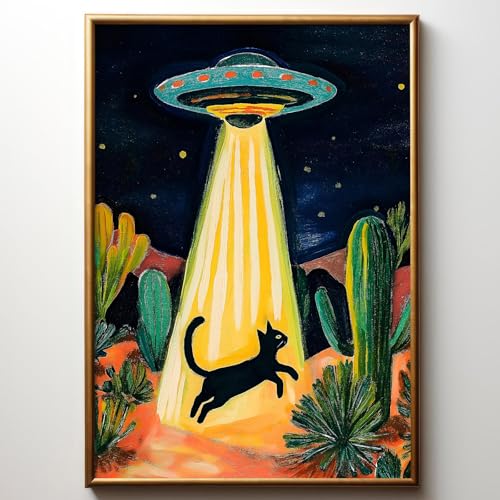 Retro Ufo Canvas Wall Art Desert Cactus Picture Ufo Poster Funny Black Cat Prints Dark Moody Landscape Painting Cat Abstract Animal Poster Alien Abduction Art Desert Landscape Artwork 16x24in No Frame - color: A2Unframed