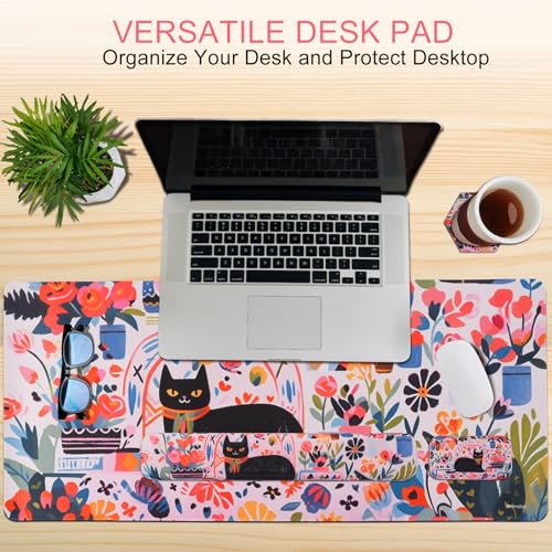 Petmolico Wrist Rest Set with Computer Keyboard Desk Pad,Mouse Wrist Rest,Keyboard Typing Wrist Pad and Cup Coasters,Ergonomic Design for Typing Pain Relief(Black,Cat with Flowers) - color: Rose