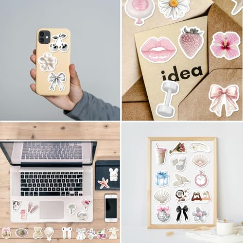 120Pcs Coquette Stickers, Cute Aesthetic Laptop Stickers, Waterproof Aesthetic Vinyl Stickers, Pink White Y2K Sticker Pack for Girls Water Bottles Laptop Computer Phone Guitar - color: Pinkish-white Stickers