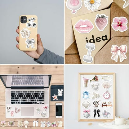 120Pcs Coquette Stickers, Cute Aesthetic Laptop Stickers, Waterproof Aesthetic Vinyl Stickers, Pink White Y2K Sticker Pack for Girls Water Bottles Laptop Computer Phone Guitar - color: Pinkish-white Stickers