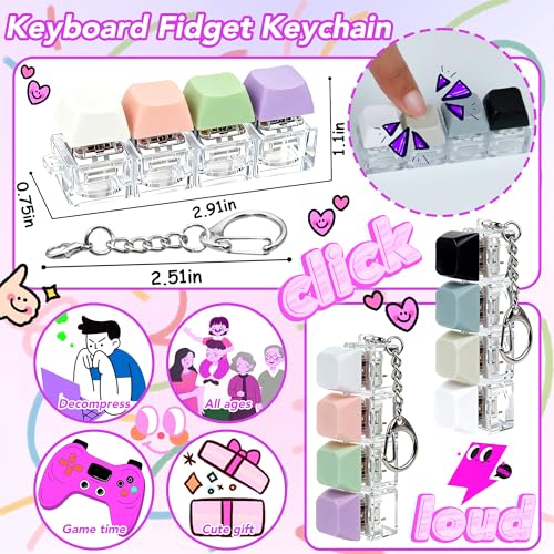 2 PCS 4-in-1 Keyboard Fidget Toy Keychain, Finger Clicky Button Toy Stress Relief Keychain with Swappable Keycaps, Mini Mechanical Key Fidget for Office Desk Focus Gifts (Black White Purple Gray) - color: Black White Purple Gray