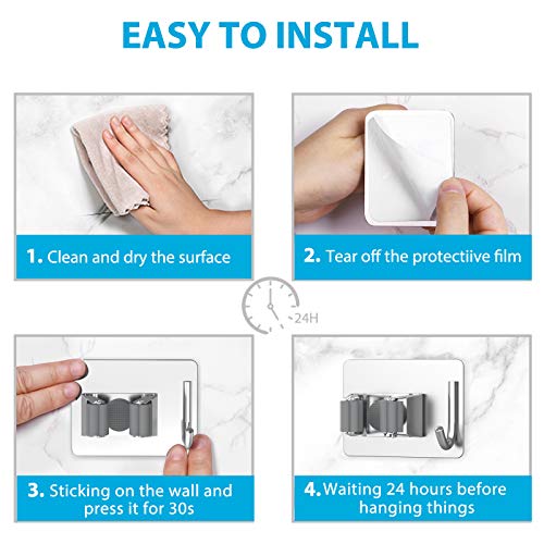 homeasy Mop Broom Holder No Drill, Mop Broom Organizer Wall Mounted Heavy Duty with Hooks Hanger, Self Adhesive Stainless Steel 6Pcs for Bathroom, Kitchen, Office (Silver) - color: Silver