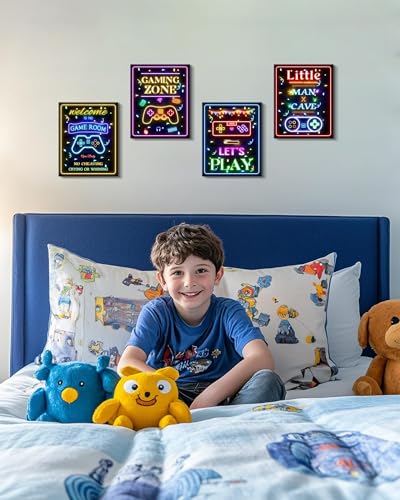 Video Game Decor for Teen Boys Gaming Wall Neon Sign Gamer Room Welcome Little Man Cave Teenage Bedroom Posters Decor Ready to Hang Set of 4, 8x10in (Framed) - size: 10L" x 8W" x 4 Panels
