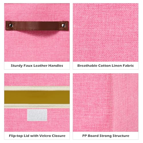 Storage Boxes with Lid Cotton Linen Fabric Storage Bins Organizer Container Decorative Collapsible Washable Shelf Baskets Faux Leather Handles for Home Bedroom Closet (Pink, Small) - color: Pink, size: Small (Set of 1)