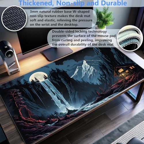 Full Moon Anime Desk Mat, Waterfall Mountain Extended Gaming Mouse Pad XL | Scenic large desk mat featuring a magical full moon, glowing waterfall, and snowy peaks. Perfect for cozy setups. - color: Full Moon