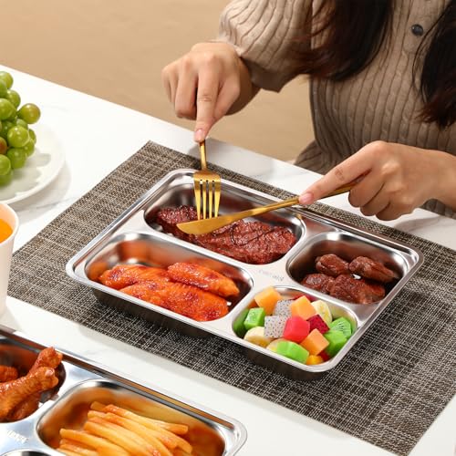 Foaincore 8 Pack 304 Stainless Steel Divided Plates Rectangular Portion Control Plates with Compartments Unbreakable Metal Food Tray for Lunch, Dinner, Camping, Heavy Gauge (4 Compartment) - style: 4 Compartment