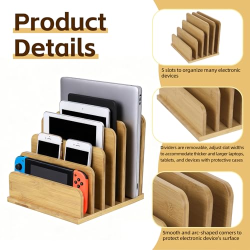 Device Organizer Holder, 5 Slots Bamboo Stand for Organizing Electronic Devices, Organize Tablets, Smartphones, Laptops, and Game Consoles, Slot Width are Adjustable, Also Organize Mails and Files