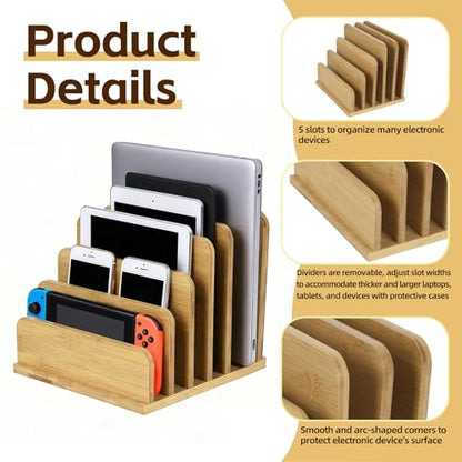 Device Organizer Holder, 5 Slots Bamboo Stand for Organizing Electronic Devices, Organize Tablets, Smartphones, Laptops, and Game Consoles, Slot Width are Adjustable, Also Organize Mails and Files