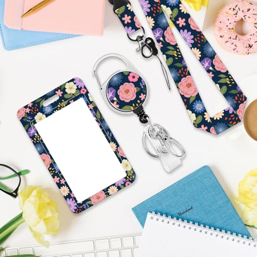 Flower Badge Holder with Lanyard, Beautiful Floral ID Badge Holder with Retractable Reel Clip and Keychain for Flowers Lover, Vertical Identity Card Cover Case Protector for Women Nurse Teacher - color: Flower-blue