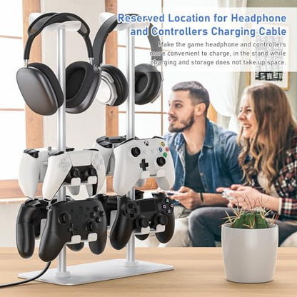 MANMUVIMO Headset Controller Stand for 2 Headset and 8 Controller, Headphone Stand Gaming Controller Holder for PS5 Xbox Airpods Beats Bose, Gaming Room Accessories, Gamer Gifts for Men (White) - size: 2 Headphone 8 Controller Holder White