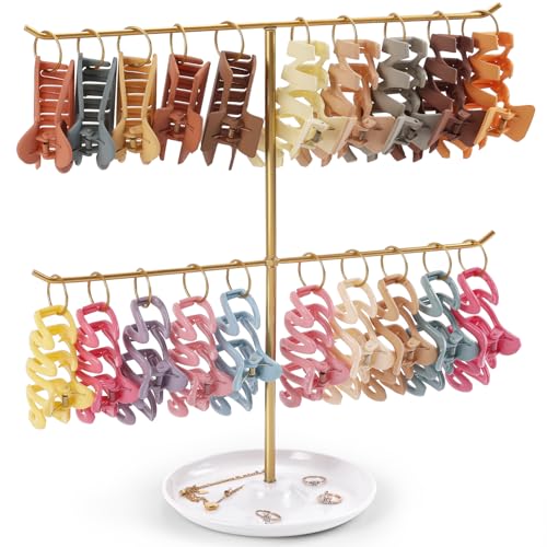 Metal Claw Clip Organizer, 2-Tier Hair Clip Holder Stand with Tray, Hair Clip Storage Display Rack with 20 Golden Rings, Hair Accessories Organizer Room Decor for Women and Girls - color: Gold-B