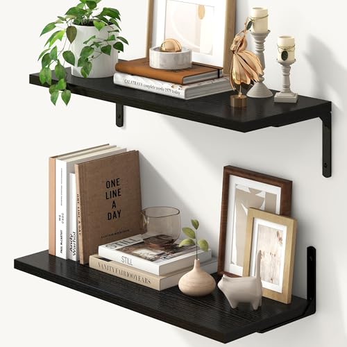 Fun Memories Deep Floating Shelves, 24W x 8D Floating Shelves Set of 2, Wall Mounted Shelf with Metal Brackets, Rustic Wood Wall Shelf for Bathroom, Kitchen and Living Room, Black - color: Black- L Bracket, size: 24"w x 8"d