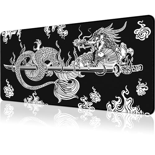 Japanese Dragon Large Gaming Mouse Pad for Desk, Black Mouse Pad Gaming Mouse Mat Desk Pad, Non-Slip Base Computer Pad Keyboard Mat, 31.5x11.8in XL Mousepad with Stitched Edge for Home Office - color: Japanese Dragon