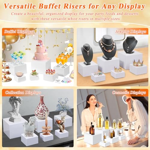 6 Pcs White Acrylic Buffet Risers with Mini Sign and Maker, Food Display Stands for Buffet Table Party Catering Dessert Jewelry Collectibles,Nesting Cube Boxes with Hollow Bottoms (8",7",6",5",4",4") - color: 8" 7" 6" 5" 4" 4"