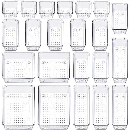 SMARTAKE 22-Piece Drawer Organizer with Non-Slip Silicone Pads, 5-Size Clear Desk Drawer Organizer Trays Storage Tray for Makeup, Jewelries, Utensils in Bedroom Dresser, Office and Kitchen, Clear - size: 22 PCS