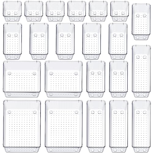 SMARTAKE 22-Piece Drawer Organizer with Non-Slip Silicone Pads, 5-Size Clear Desk Drawer Organizer Trays Storage Tray for Makeup, Jewelries, Utensils in Bedroom Dresser, Office and Kitchen, Clear - size: 22 PCS