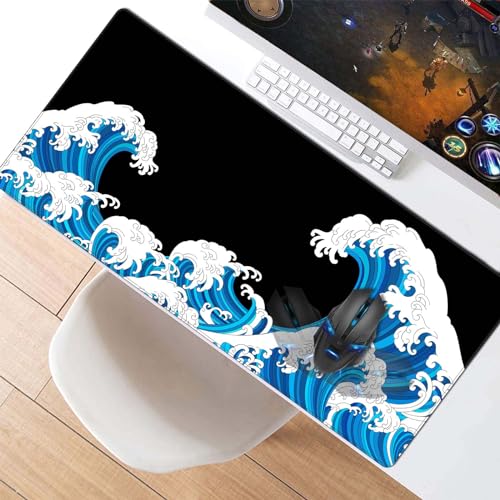 Large Mouse Pad Desk Mat 900 x 400 x 3mm Cool Sea Texture Non-Slip Rubber Base Mousepad Stitched Edges Keyboard Mat for Office Home Game - Black and White Sea Wave - color: White-black
