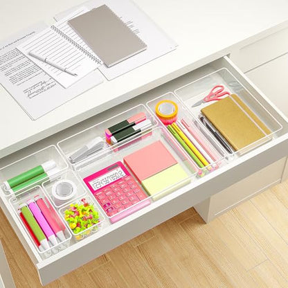 45Pack Makeup Drawer Organizers Set, 4Sizes acrylic desk organizer trays for vanity, bathroom, office, nightstand, junk for kitchen drawer, Versatile plastic drawer divider storage bins - size: S45(3-6-12-24)