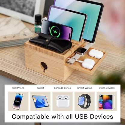 Bamboo Charging Station Organizer, No USB Charger and Cables | Nightstand Docking Station with Small Tray, Desktop Wood Charger Organizer, Compatible with Cell Phone, Tablet, Earphones - color: Natural bamboo color