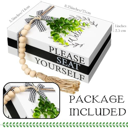 Capoda 3 Pcs Decorative Books for Home Decor Farmhouse Faux Stacked Books Wooden Rustic Table Decor with Bead Garland Twine Ribbon Faux Leaf for Table(Welcome) - style: Welcome