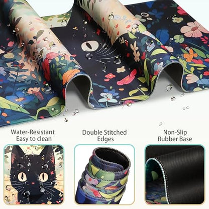 Mouse Pad Anime, Mouse Pad with Wrist Rest, 4-in-1 XXL Large Desk Mat Kawaii Mousepad with Gel Wrist Support Keyboard Wrists Rest Coaster, Ergonomic Gaming Cat Desk Pad, Funny Cute Office Accessories - color: Flowers&Cat