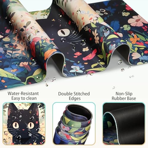 Mouse Pad Anime, Mouse Pad with Wrist Rest, 4-in-1 XXL Large Desk Mat Kawaii Mousepad with Gel Wrist Support Keyboard Wrists Rest Coaster, Ergonomic Gaming Cat Desk Pad, Funny Cute Office Accessories - color: Flowers&Cat