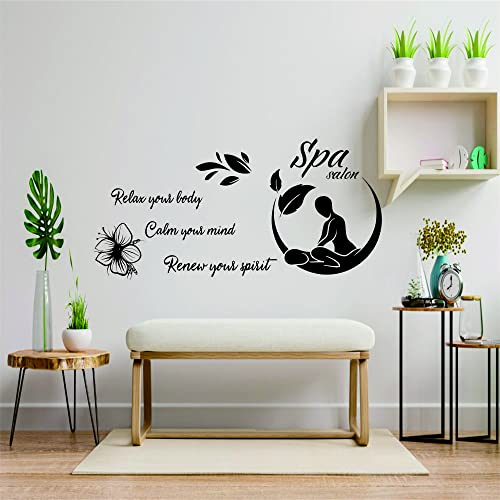“Relax Your Mind, Body & Spirit” Wall Sticker 46"x23" – Removable PVC Decal for Spa, Sauna, Therapy Room or Beauty Salon – Uplifting Decor for Wellness Spaces (Black-JWH323-SPA)